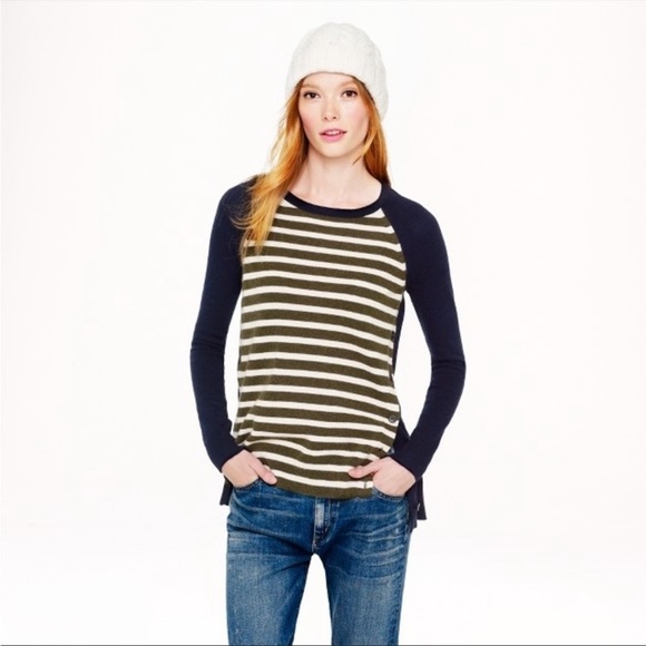 J. Crew Sweaters - j Crew • navy blue crewneck pullover sweater with olive/oatmeal stripes